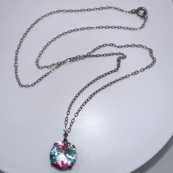 Antique Art Deco sterling silver iris glass solitaire pendant 15.75" necklace - Picture 3 of 9